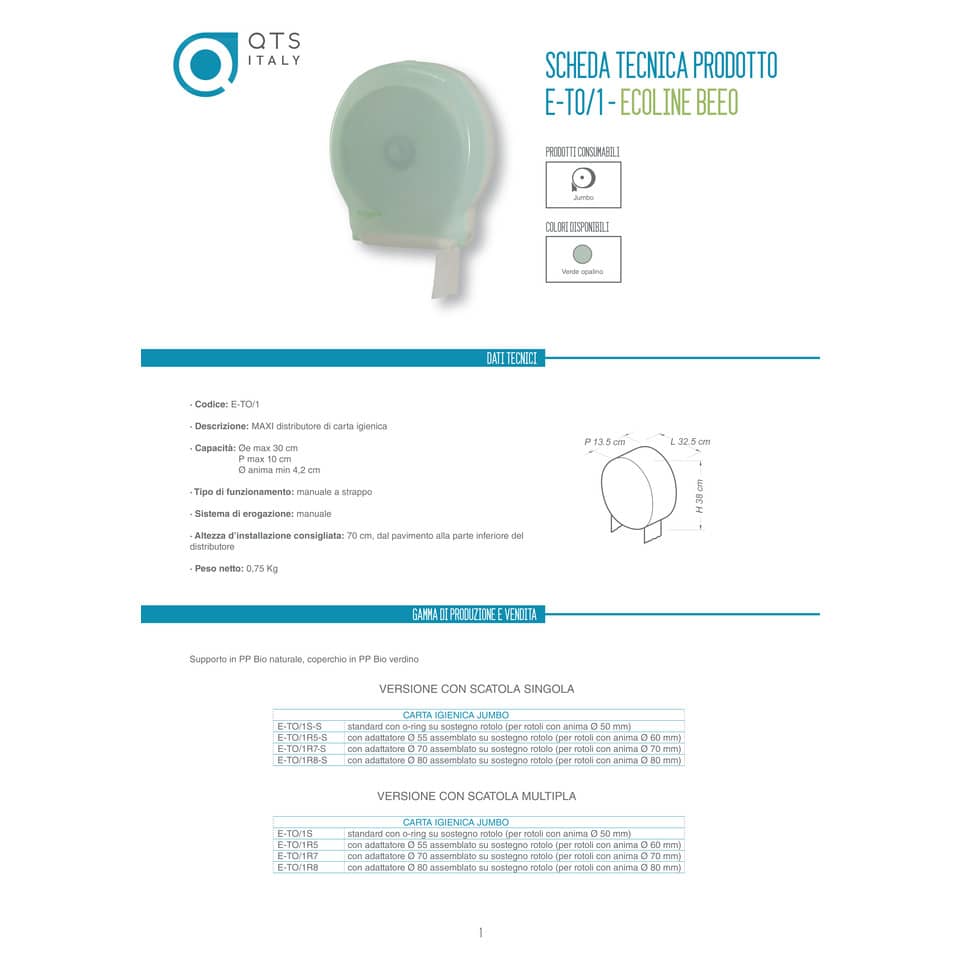 Distributore maxi di carta igienica jumbo QTS in PPL ccon capacità massima Ø 30 cm verde opalino - E-TO/1S-S