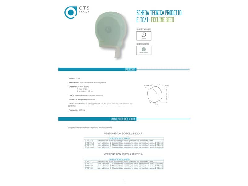 Distributore maxi di carta igienica jumbo QTS in PPL ccon capacità massima Ø 30 cm verde opalino - E-TO/1S-S