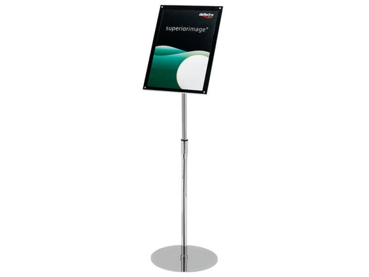 Espositore magnetico portastampati da terra deflecto® A3 in acciaio inox con asta regolabile nero/argento - 790645