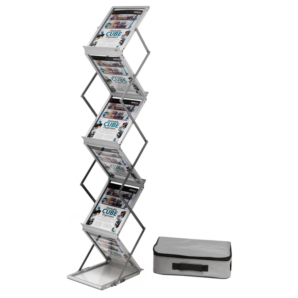Espositore da terra deflecto® A4 in alluminio con 6 scomparti inclinati 38x37,5x150 cm argento - 36100