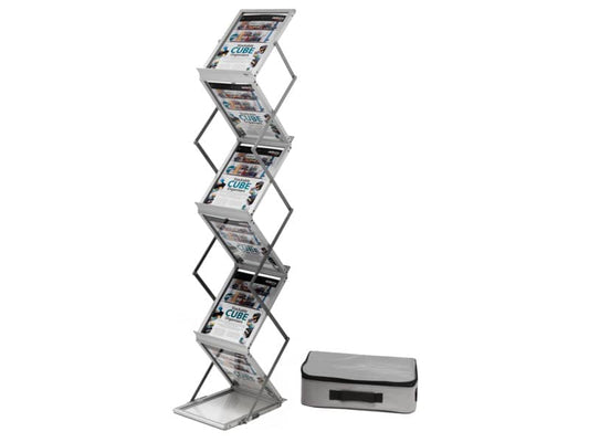 Espositore da terra deflecto® A4 in alluminio con 6 scomparti inclinati 38x37,5x150 cm argento - 36100