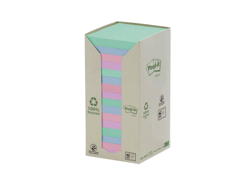 Foglietti Post-it® Notes carta riciclata 76x76mm assort pastello Torre da 16 blocchetti da 100 ff - 654-1RPT