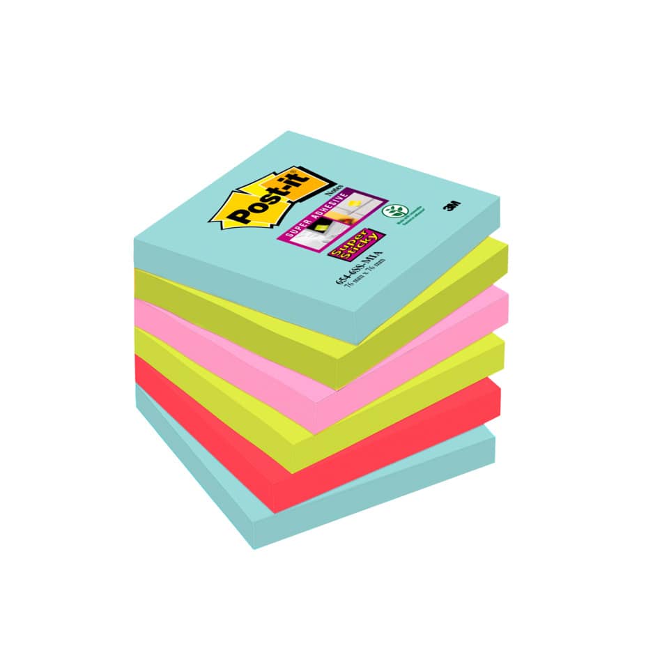 Foglietti riposizionabili Post-it® Super Sticky Miami 76x76 mm assortiti conf. 6 blocc. da 90 ff - 654-6SS-MIA