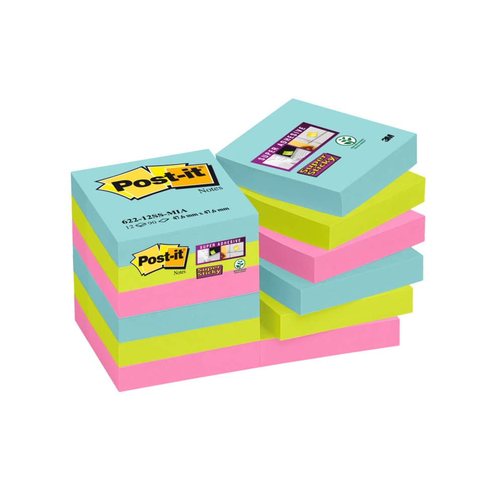 Foglietti riposizionabili Post-it® Super Sticky Miami 47,6x47,6 mm assortiti conf. 12 blocc. da 90 ff - 622-12SS-MIA