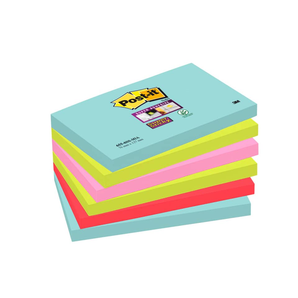 Foglietti riposizionabili Post-it® Super Sticky Miami 76x127mm assortiti conf. 6 blocch. da 90 ff - 655-6SS-MIA