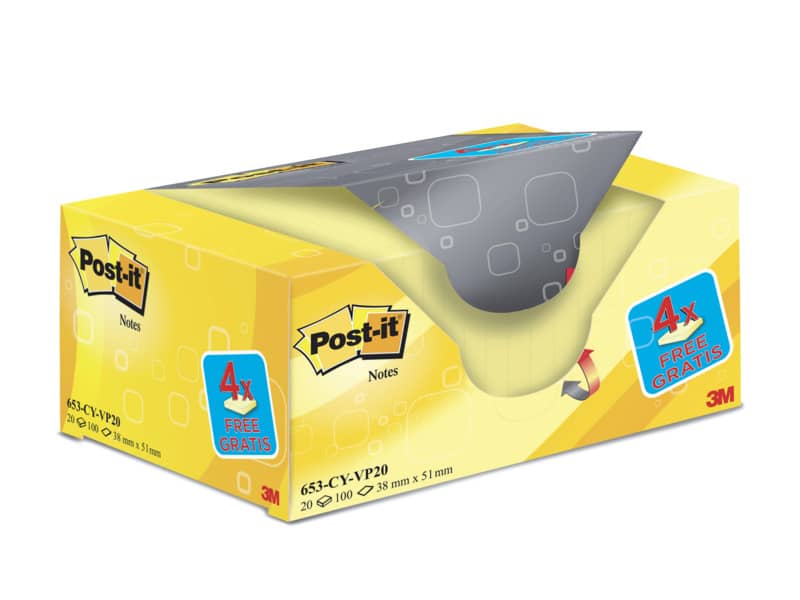 Foglietti riposizionabili Post-it® Notes giallo Canary™ 38x51 mm Value Pack 16+4 blocchetti GRATIS - 653-VP20