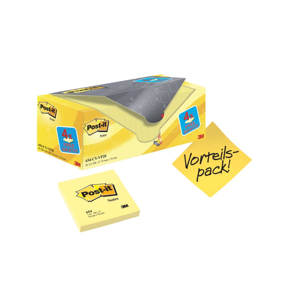 Foglietti riposizionabili Post-it® Notes giallo Canary™ 76x76 mm Value Pack 16+4 blocchetti GRATIS - 654-VP20