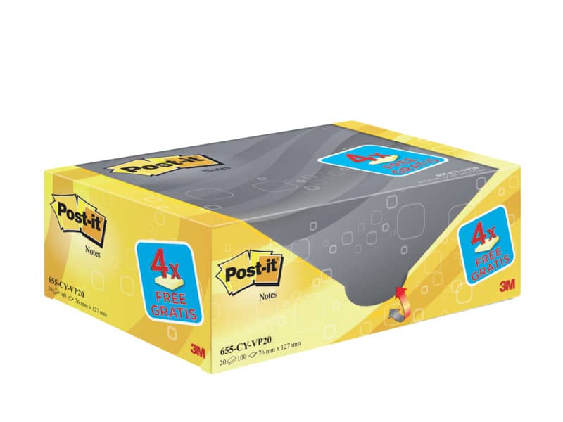 Foglietti riposizionabili Post-it® Notes giallo Canary™ 76x127 mm Value Pack 16+4 blocchetti GRATIS - 655-VP20