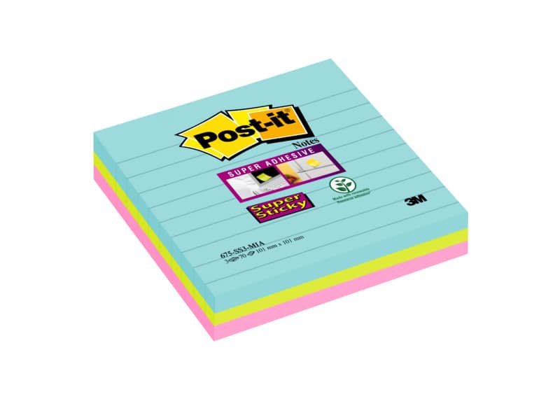 Foglietti riposizionabili Post-it® Super Sticky Miami a righe assortiti conf. 3 blocchetti da 70 ff - 675-3SSMIA