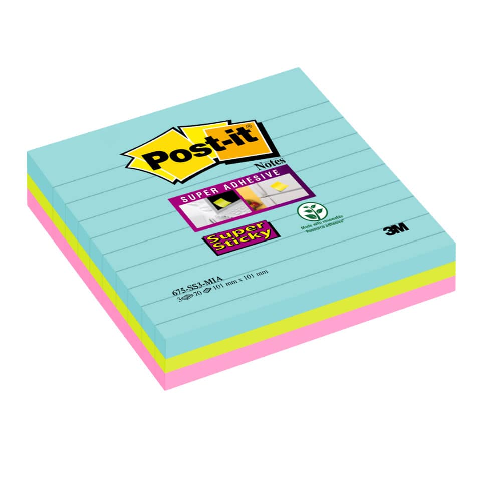 Foglietti riposizionabili Post-it® Super Sticky Miami a righe assortiti conf. 3 blocchetti da 70 ff - 675-3SSMIA