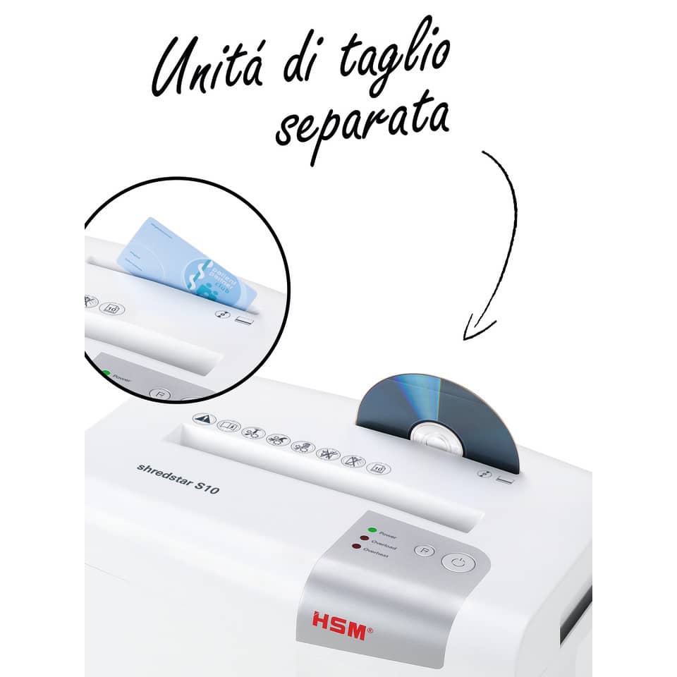 Distruggidocumenti uso moderato HSM Shredstar S10 - P-2 - 18 L - taglio a strisce 6 mm - bianco/argento - 1042121