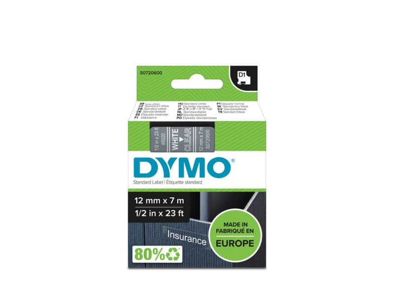 Nastro per etichettatrici Dymo D1 12 mm x 7 m bianco/trasparente S0720600