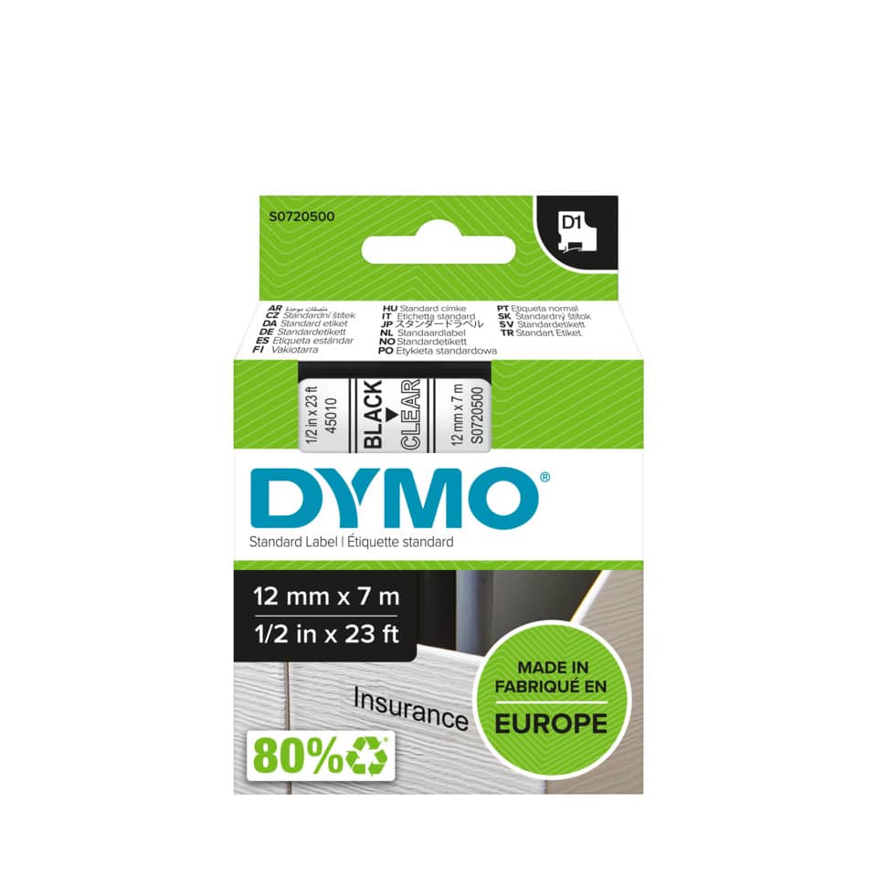Nastro per etichettatrici Dymo D1 12 mm x 7 m nero/trasparente S0720500