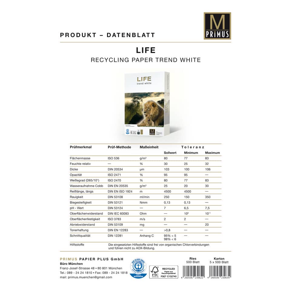 Carta per fotocopie A4 Primus Life Riciclata ISO 80 g/m² - risma da 500 fogli - 01A480LIFE