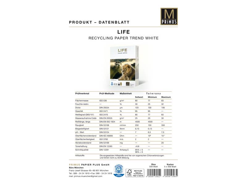 Carta per fotocopie A4 Primus Life Riciclata ISO 80 g/m² - risma da 500 fogli - 01A480LIFE