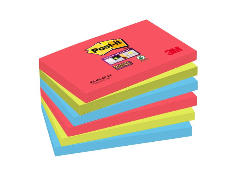 Foglietti riposizionabili Post-it® Super Sticky Bora Bora 76x127 mm assortiti conf. 6 blocchetti da 90 ff - 655-6SS-JP