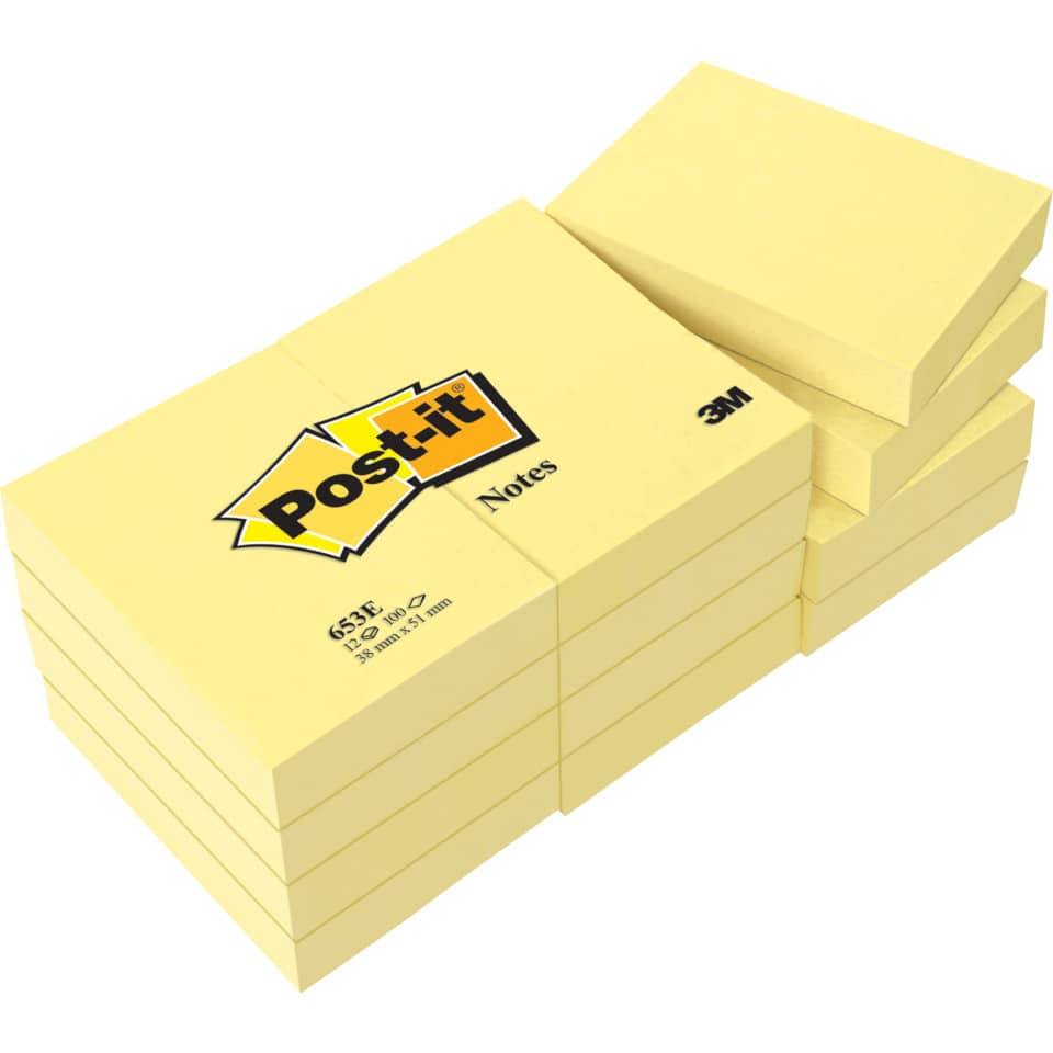 Foglietti riposizionabili classici Post-it® Notes 38x51 mm 100 ff Giallo Canary™  conf. da 12 - 653E
