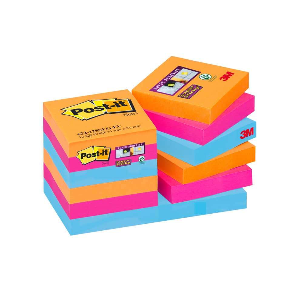 Foglietti riposizionabili Post-it® Super Sticky Bangkok 47,6x47,6 mm assortiti conf. 12 blocch. da 90 ff - 622-12SS-EG