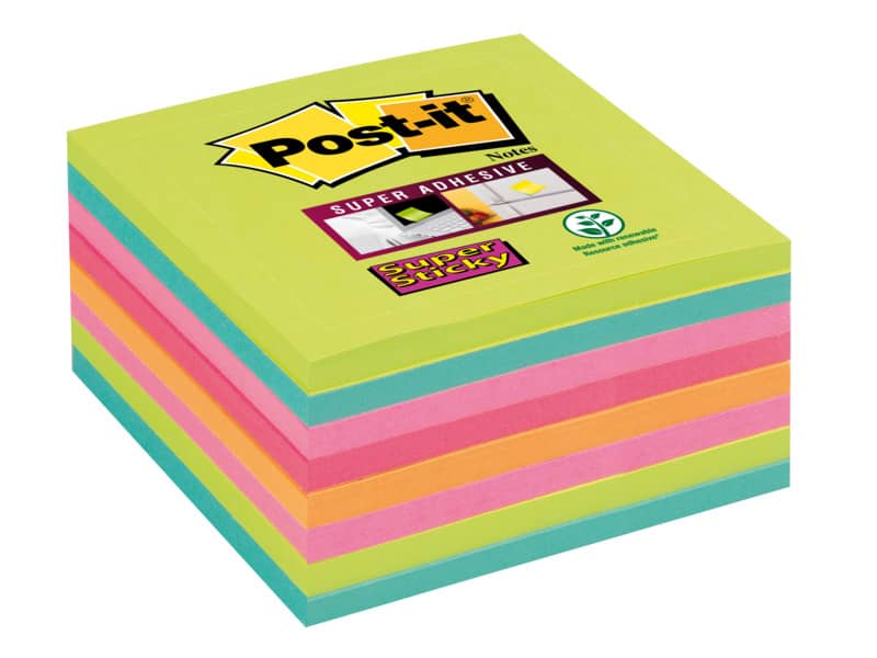 Foglietti Post-it® Super Sticky Notes 76x76 mm assortiti arcobaleno - conf. 8 blocchetti da 45 ff - 654-8SS-RBW-EU