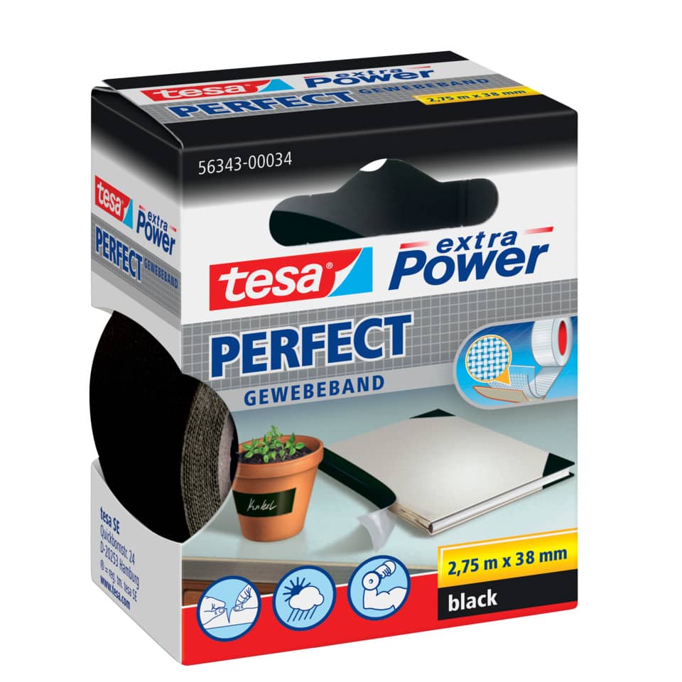 Nastro adesivo in tela tesa extra Power® Perfect 38 mm x 2,75 m nero 56343-00034-03