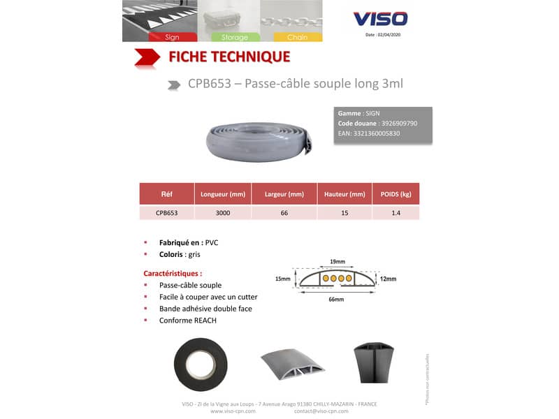 Raccogli cavi piatto in gomma Viso 3000x66x15 grigio CPB653