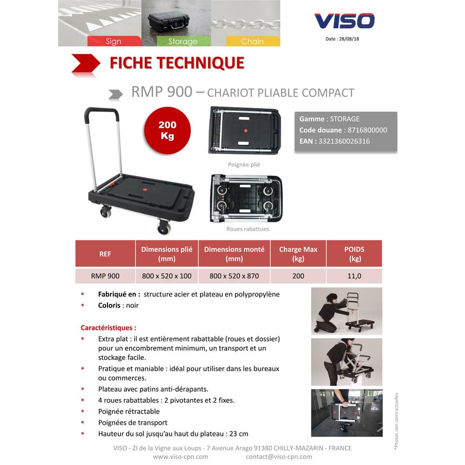 Carrello pieghevole Viso 80x52x87 cm nero - portata 200 kg - alluminio e plastica - RMP900