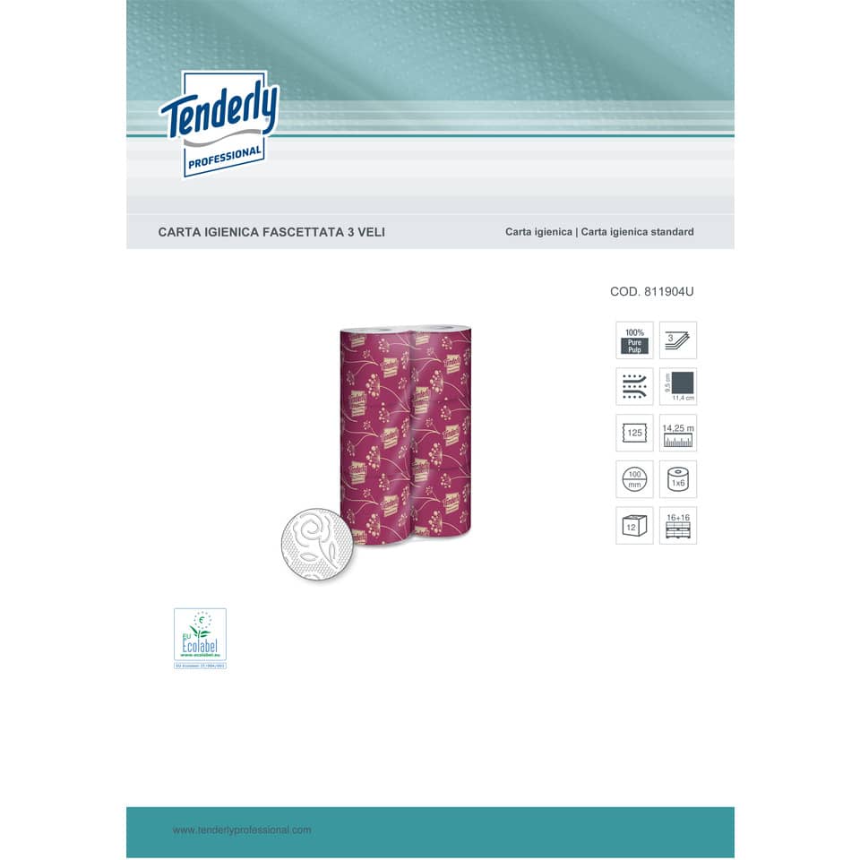 Carta igienica Tenderly fascettata 3 veli formato specifico per hotel 72 rotoli da 125 strappi - 811904B