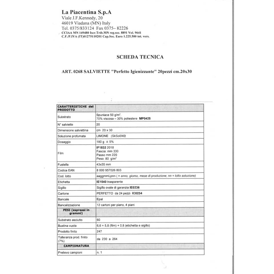 Salviette igienizzanti Perfetto 20x30 cm profumate bianco conf. 20 salviette - 0268