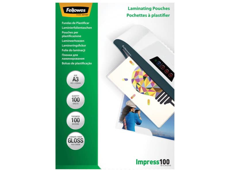 Pouches per plastificatrici Fellowes Standard Impress100 finitura lucida - 2x100 µm - A3 - Conf. 100 pezzi 5351205