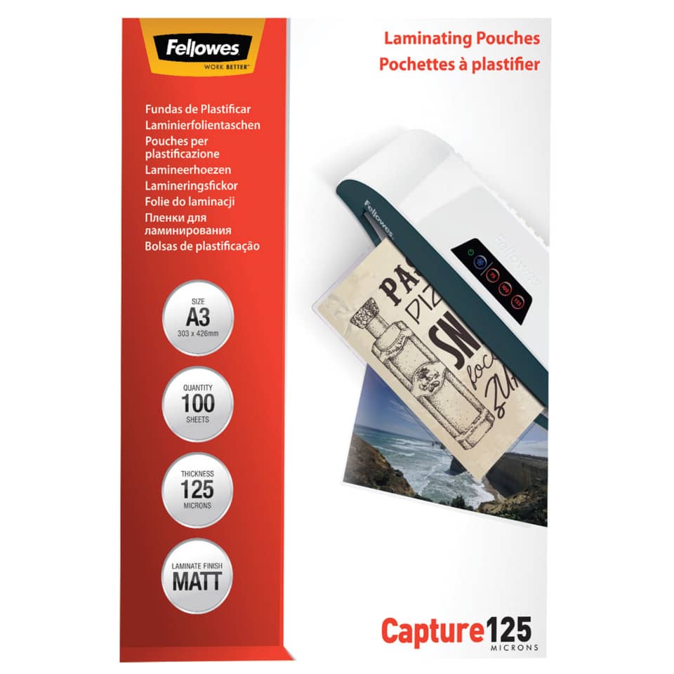 Pouches per plastificatrici Fellowes Standard Capture125 finitura opaca - 2x125 µm - A3 - Conf. 100 pezzi 5328601