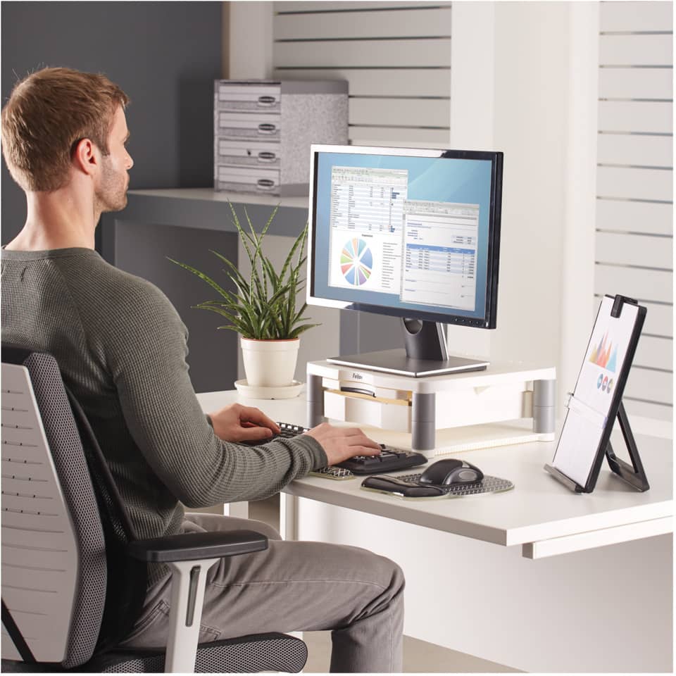 Supporto FELLOWES Premium Plus per monitor plastica riciclata grigio 34,3x33,3x6,4-16,5 cm - 91713