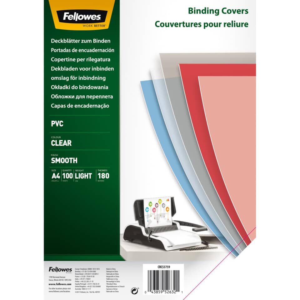 Copertine per rilegatrici FELLOWES Clear PVC A4 180my conf.100 pz - 5375901