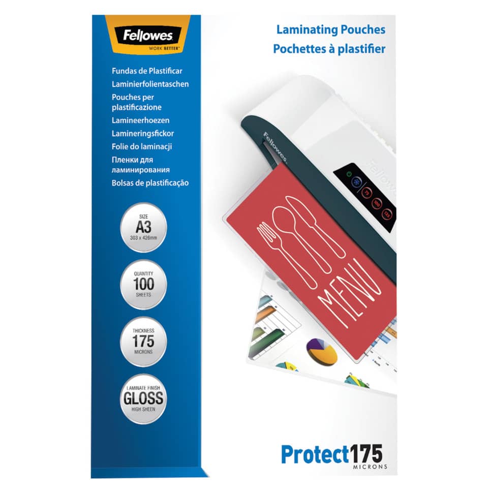 Pouches per plastificatrici Fellowes Standard Protect175 finitura lucida - 2x175 µm - A3 - Conf. 100 pezzi 5308803