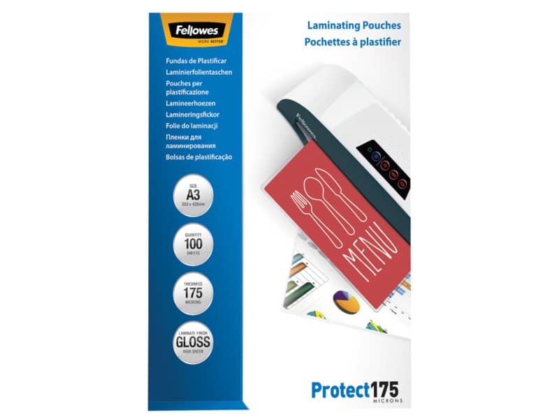 Pouches per plastificatrici Fellowes Standard Protect175 finitura lucida - 2x175 µm - A3 - Conf. 100 pezzi 5308803