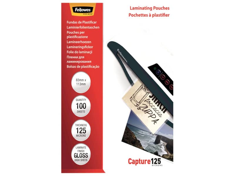 Pouches per plastificatrici Fellowes Standard Capture125 finitura lucida - 2x125 µm 83x113 mm Conf. 100 pz 5307101