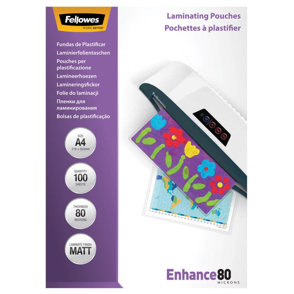 Pouches per plastificatrici Fellowes Standard Enhance80 finitura opaca - 2x80 µm - A4 - Conf. 100 pezzi - 5452103