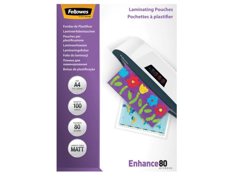 Pouches per plastificatrici Fellowes Standard Enhance80 finitura opaca - 2x80 µm - A4 - Conf. 100 pezzi - 5452103