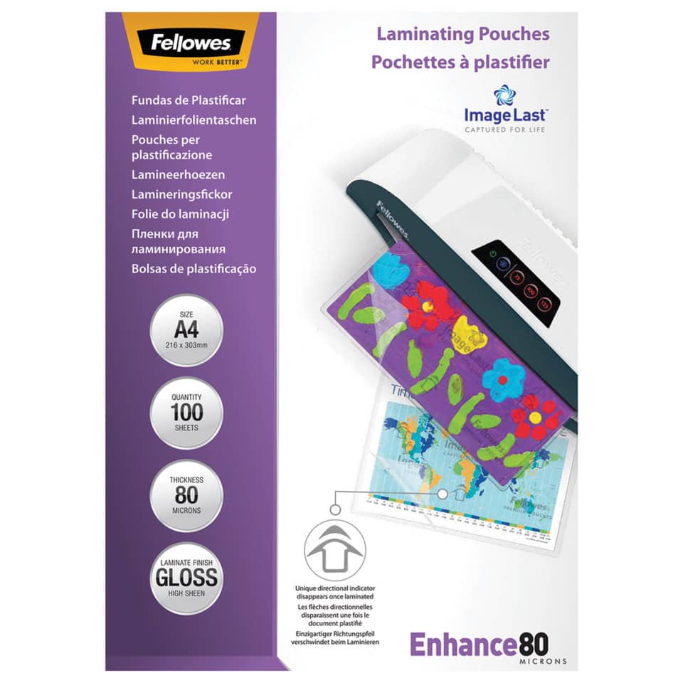 Pouches per plastificatrici Fellowes ImageLast Enhance80 finitura lucida - 2x80 µm - A4 - Conf. 100 pezzi - 5306114