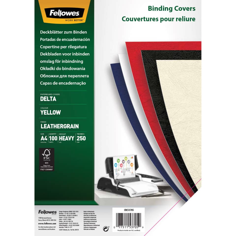 Copertine per rilegatura FELLOWES Delta goffrate cartoncino giallo A4 250 g/m² conf. 100 pezzi - 5370503