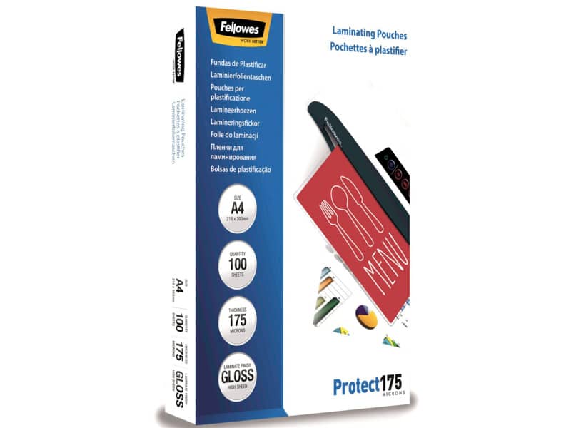 Pouches per plastificatrici Fellowes Standard Protect175 finitura lucida - 2x175 µm - A4 - Conf. 100 pezzi 5308703