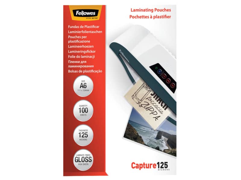 Pouches per plastificatrici Fellowes Standard Capture125 finitura lucida - 2x125 µm - A6 - Conf. 100 pezzi 5307201