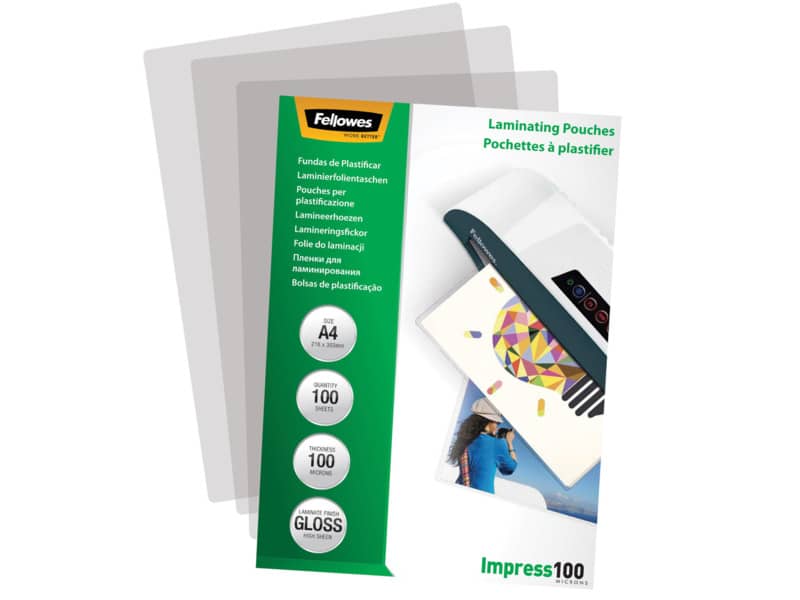 Pouches per plastificatrici Fellowes Standard Impress100 finitura lucida - 2x100 µm - A4 - Conf. 100 pezzi 5351111