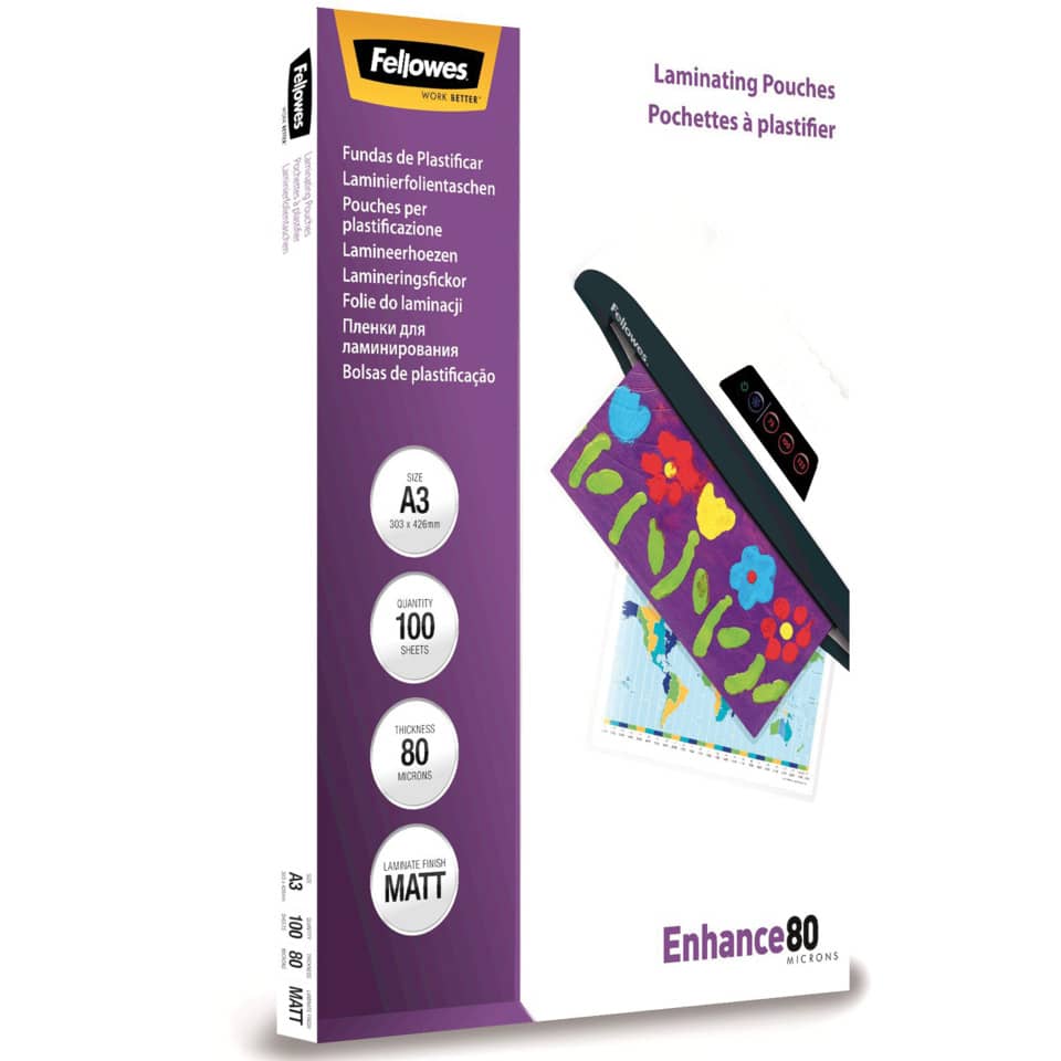 Pouches per plastificatrici Fellowes Standard Enhance80 finitura opaca - 2x80 µm - A3 - Conf. 100 pezzi - 5452003