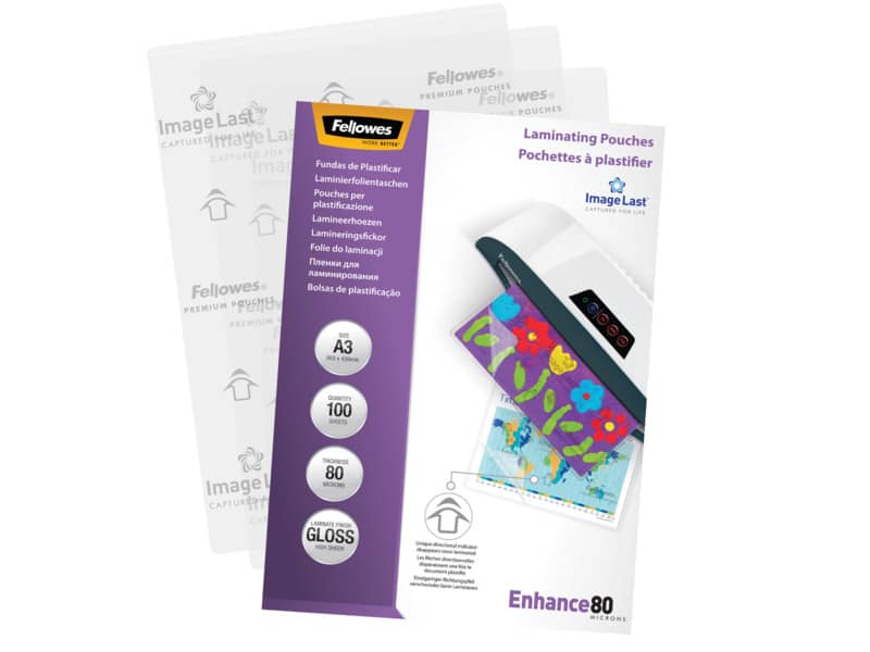 Pouches per plastificatrici Fellowes ImageLast Enhance80 finitura lucida - 2x80 µm - A3 - Conf. 100 pezzi - 5306207