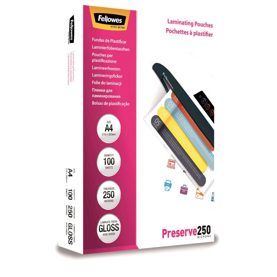 Pouches per plastificatrici Fellowes Standard Preserve250 finitura lucida - 2x250 µm - A4 - Conf. 100 pezzi 5401802