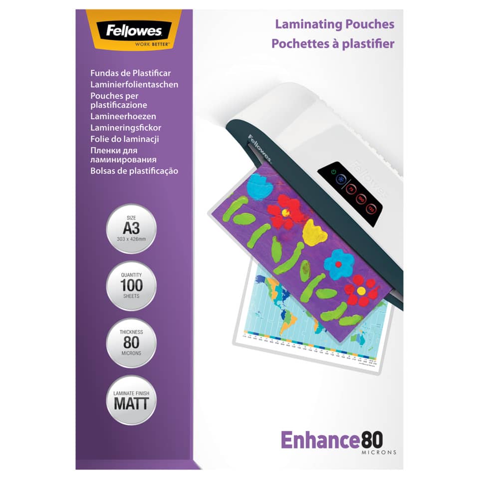 Pouches per plastificatrici Fellowes Standard Enhance80 finitura opaca - 2x80 µm - A3 - Conf. 100 pezzi - 5452003