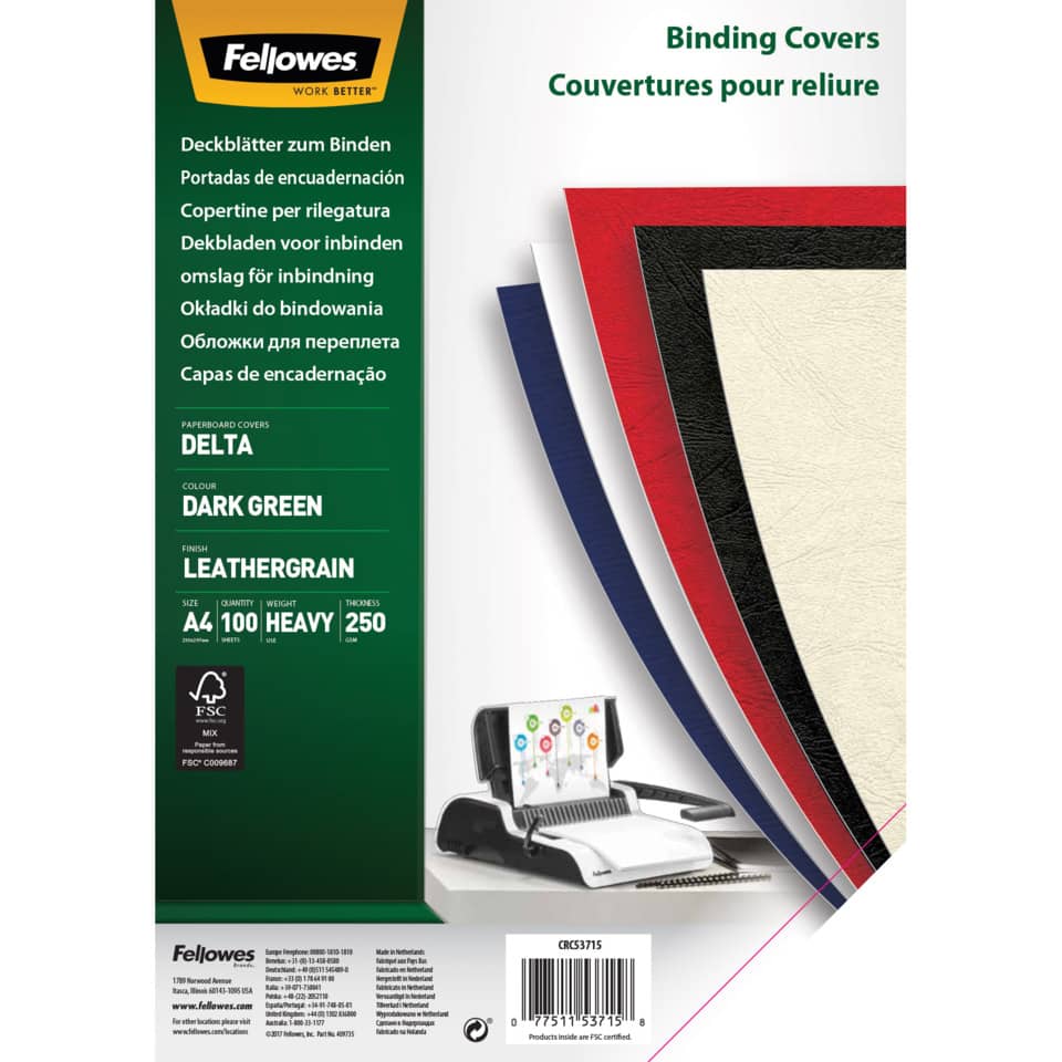 Copertine per rilegatura FELLOWES Delta goffrate cartoncino verde scuro A4 250 g/m² conf. 100 pezzi - 5371503