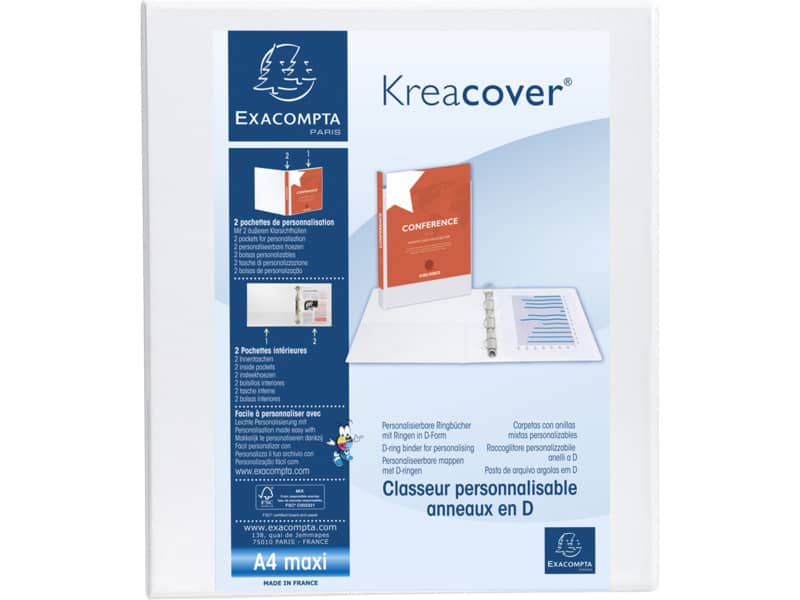 Raccoglitore personalizzabile Exacompta A4 maxi Kreacover® bianco 4 anelli a D 40 mm - 51943E