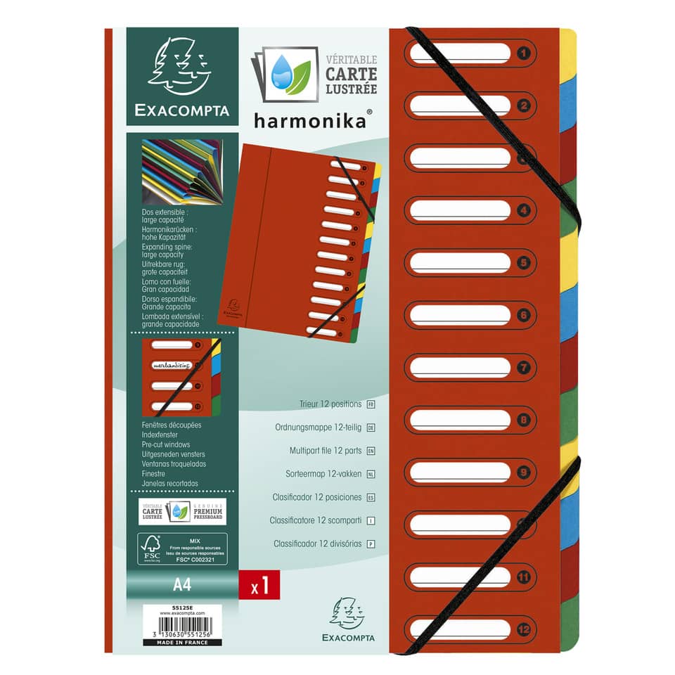 Classificatore Harmonika® alfabetico 12 divisori - 24,5x32 cm rosso 55125E