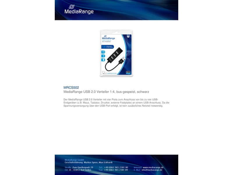 Hub Media Range USB 2.0 con quattro porte alimentato tramite porta USB MRCS502